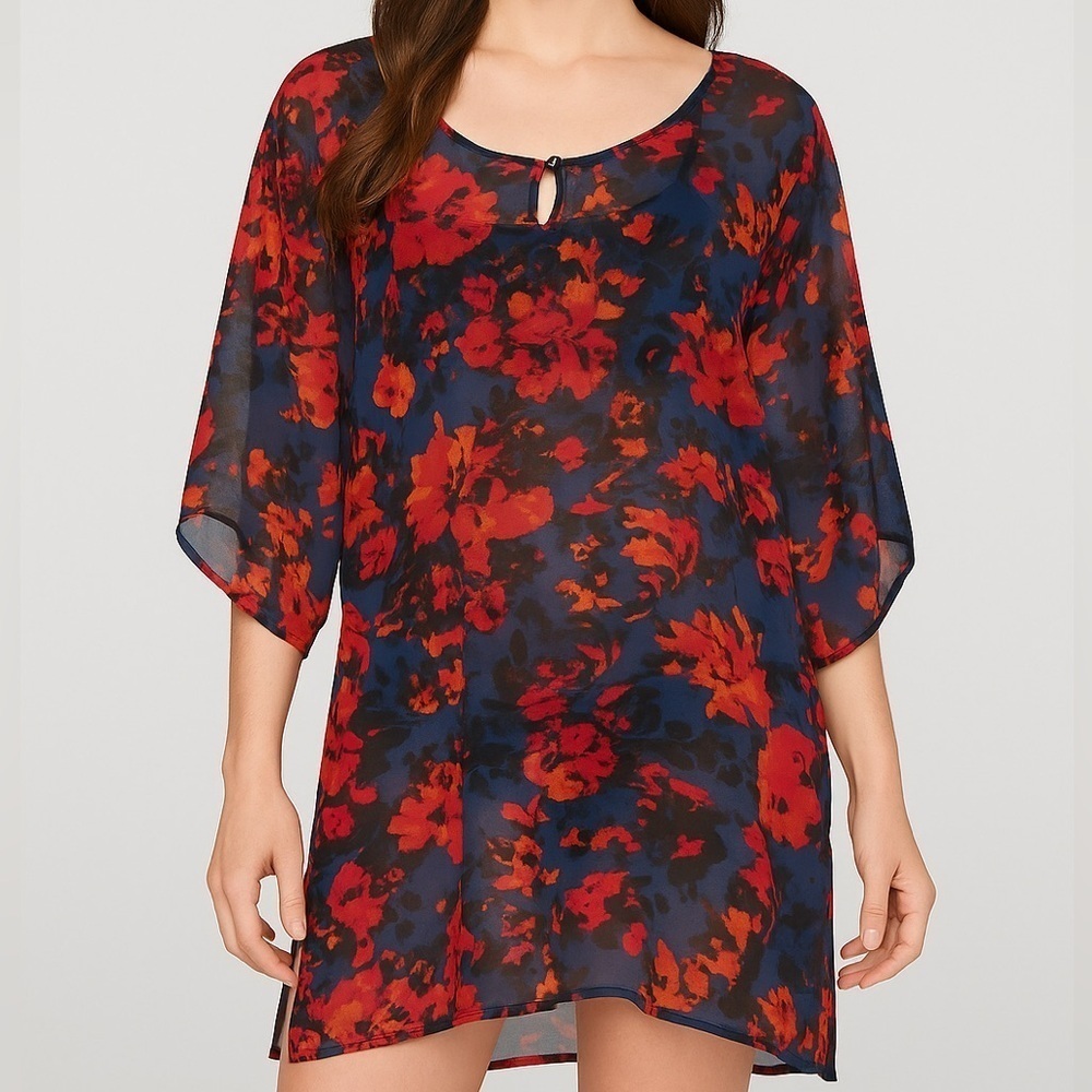 Miraclesuit Swim Coverup M Sheer Kimono Navy Red Floral Abstract Print Beach